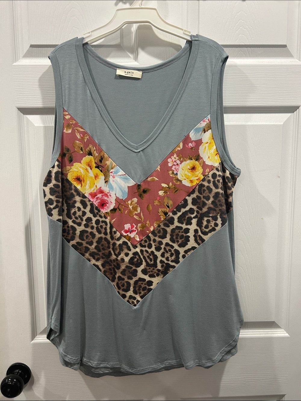 A.gain nwot Women's Dusty Blue Floral & Leopard V-Neck Tank